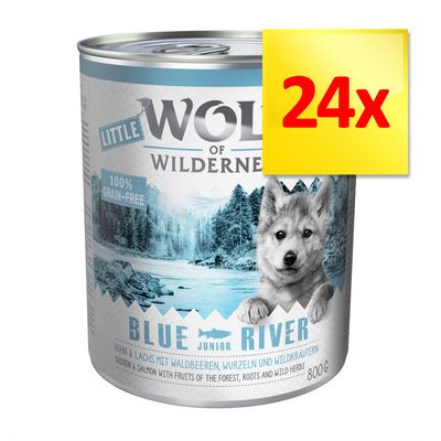 Lot de 24 boîtes Wolf of Wilderness Little Blue River Junior, 800 g, mention 100 % grain-free visible sur l’emballage.