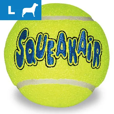 Gul tennisbold med teksten SQUEAKAIR i blå og gul. Blåt felt med hvidt L og hundesilhuet øverst til venstre.
