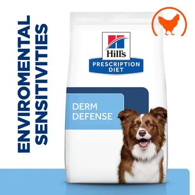 Bag labelled Hill's Prescription Diet Derm Defense, with text 'Environmental Sensitivities' and a chicken icon shown in the top right corner.