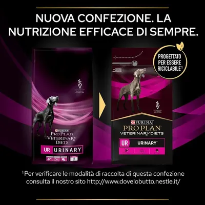 Nuova confezione Purina Pro Plan Veterinary Diets UR Urinary per cani, progettato per essere riciclabile. Consulta www.dovelobutto.nestle.it per modalità di raccolta.