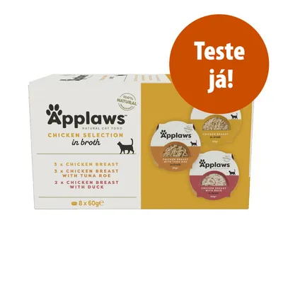 Applaws Chicken Selection in broth, 8 x 60 g: 3x peito de frango, 3x peito de frango com ovas de atum, 2x peito de frango com pato. Texto visível: Teste já! Applaws Chicken Selection in broth, 8 x 60 g: 3x peito de frango, 3x peito de frango com ovas de atum, 2x peito de frango com pato. Texto visível: Teste já!