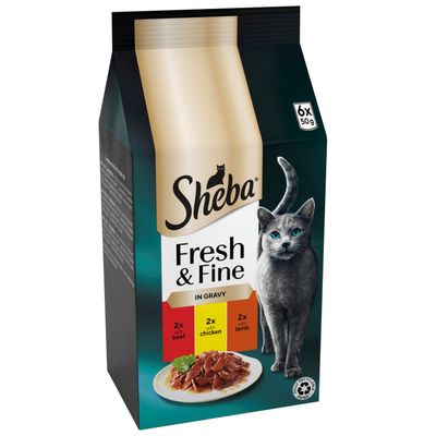 Sheba Fresh & Fine in Sauce, 6x50g. 2x tuna, 4x salmon. 100% recyclable paper. MSC certified for sustainable seafood.