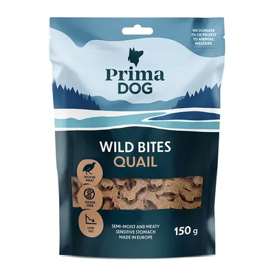 Prima Dog Wild Bites перепела, богат мясом, без зерна, с низким содержанием жира, полувлажный и мясной, для чувствительного желудка, произведено в Европе, 150 г. 1% пожертвование на защиту животных.
