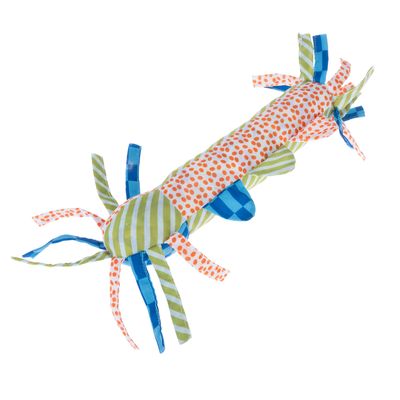 Giocattolo in tessuto con motivi colorati: strisce verdi, quadretti blu e pois arancioni. Diversi nastri di tessuto su entrambe le estremità.