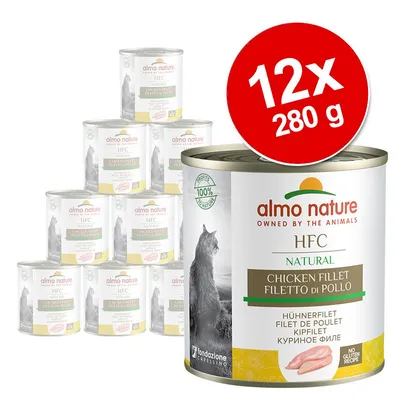 almo nature HFC Natural Chicken Fillet, 12×280 g konzerv. Text: 100% natural, no gluten recipe, obrázek kočky a kuřecího masa na obalu.