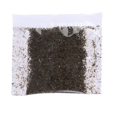 Busta trasparente con erbe essiccate, adatta per prodotti o accessori per animali.