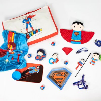 Superman set igračaka s plišanom figurom, igračkom za pse, loptom, ormom i dekom. Dizajn u plavoj, crvenoj i žutoj boji sa Superman logotipom.