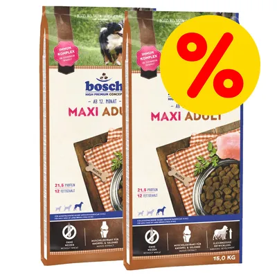 2 sacos de pienso Bosch Maxi Adult 15 kg, visible texto: 21,5 % proteína, 12 % grasa, sin trigo, extracto de mejillón, desarrollo equilibrado. Símbolo de porcentaje en círculo amarillo.