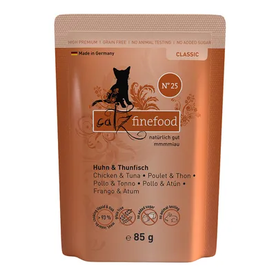 Catz Finefood Classic Nr. 25, kana ja tonnikala, 85g. Valmistettu Saksassa, viljaton, ei eläinkokeita, ilman lisättyä sokeria, 93 % lihapitoisuus.