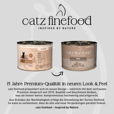 catz finefood Wild in het nieuwe en oude verpakkingsdesign. Opmerking: 15 jaar premium-kwaliteit, overstap naar nieuw design omwille van duurzaamheid, kwaliteit blijft ongewijzigd.