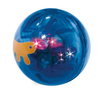 Balle en plastique bleu transparent avec motif animal jaune et lumières rouges visibles à l’intérieur.