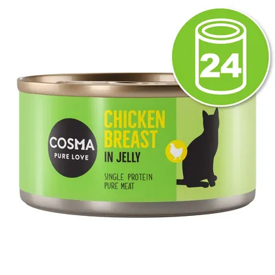 Cosma Pure Love Chicken Breast in Jelly, Single Protein Pure Meat, lot de 24 boîtes. Texte en anglais visible sur l’emballage.
