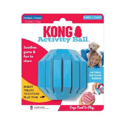 KONG Activity Ball Medium/Moyen pour chiot, caoutchouc naturel, insérer des friandises, apaise les gencives, fabriqué aux USA, 7–16 kg, texte en anglais visible sur l’emballage.