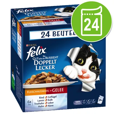 Felix Doppelt Lecker cat food, 24 pouches. Visible text: Fleischauswahl in Gelee, Rind, Geflügel, Lamm, Kalb, Truthahn, Leber, Huhn, Niere. Purina brand.