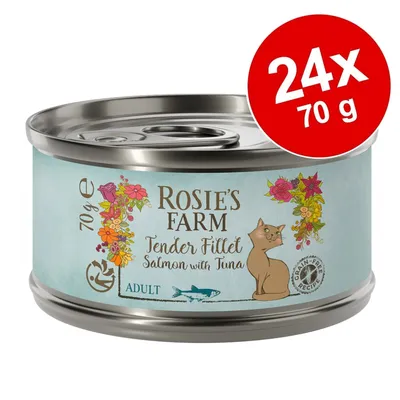 Rosie's Farm Tender Fillet Salmon with Tuna, 24x70g, Adult, getreidefreie Rezeptur, Katzenmotiv auf der Dose.
