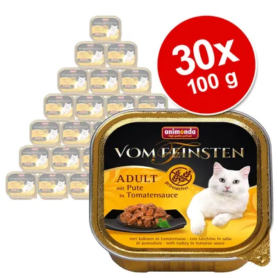 animonda Vom Feinsten ADULT με γαλοπούλα σε σάλτσα ντομάτας, συσκευασία 30x100g. Εικόνα κονσέρβας με λευκή γάτα και κομμάτια τροφής σε πιατάκι.