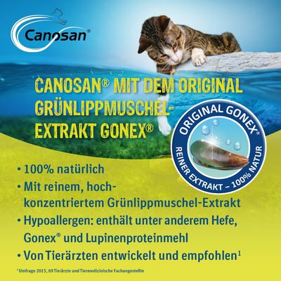 Canosan® mit Grünlippmuschel-Extrakt Gonex®. 100% natürlich, hypoallergen, enthält Hefe und Lupinenproteinmehl. Von Tierärzten entwickelt und empfohlen.
