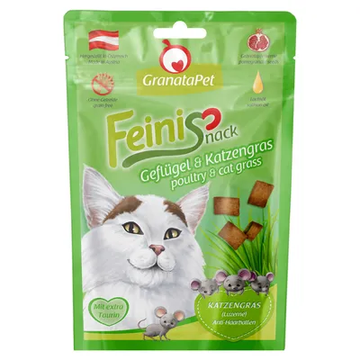 GranataPet Feinis snack per gatti: pollame e erba gatta. Prodotto in Austria, senza cereali, con semi di melograno e olio di salmone. Con extra taurina, anti-boli di pelo grazie all’erba medica.