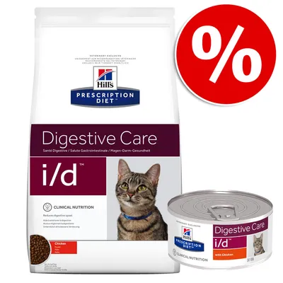 Hill's Prescription Diet Digestive Care i/d för katt, torr- och våtfoder med kyckling. Stor påse och burk synliga samt röd procent-symbol uppe till höger. Hill's Prescription Diet Digestive Care i/d för katt, torr- och våtfoder med kyckling. Stor påse och burk synliga samt röd procent-symbol uppe till höger.
