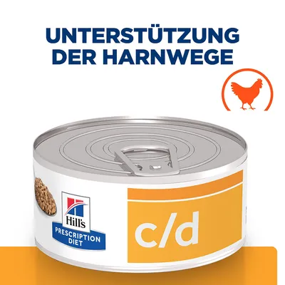 Hill's Prescription Diet c/d, texte en allemand «UNTERSTÜTZUNG DER HARNWEGE», illustration de poulet orange sur l’emballage.