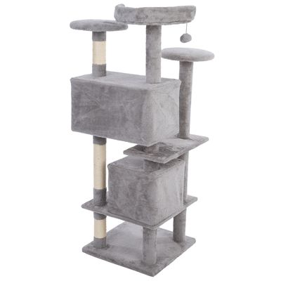 Серое когтеточечное дерево с несколькими уровнями, двумя домиками, столбиками, обернутыми сизалем, и подвесным игровым шариком.