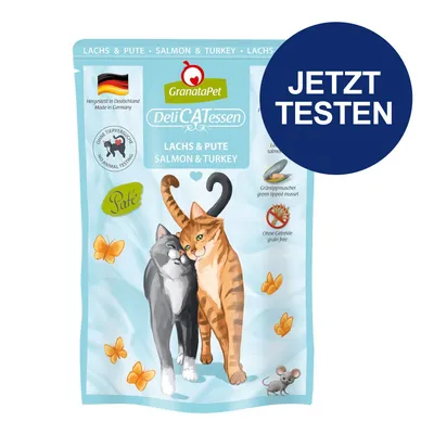 GranataPet DeliCATessen Lachs & Pute, Paté, hergestellt in Deutschland, ohne Tierversuche, ohne Getreide, mit Grünlippmuschel. Jetzt testen.