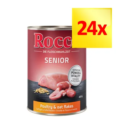 Rocco Senior Poultry & oat flakes, puszka 400 g, zestaw 24x. Widoczne mięso drobiowe i płatki owsiane na etykiecie. Napis: Supporting Power & Vitality.