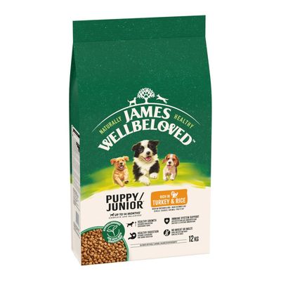James Wellbeloved valp/junior hundfoder, hypoallergen, rikt på kalkon och ris, för hundar upp till 14 månader, 2 kg förpackning.