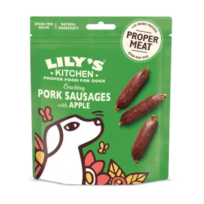 Lily's Kitchen Cracking Pork Sausages almával. Gabonamentes recept, természetes összetevők, frissen készített hús. Proper Meat húsliszt nélkül.
