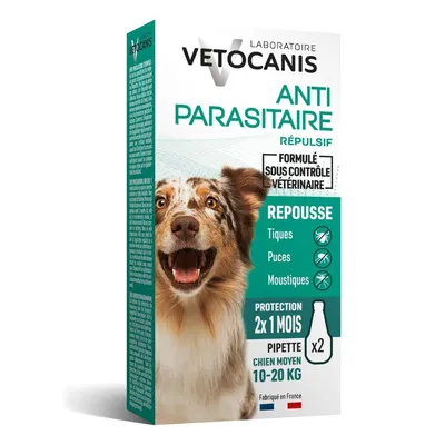Vetocanis Répulsif anti-puces et tiques Spot-On chien M (10 - 20 kg) - 2 pipettes x 3 ml