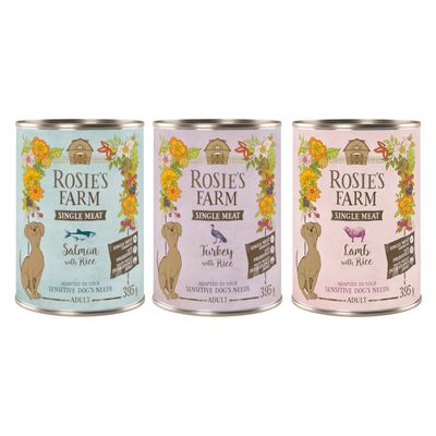 Rosie's Farm Single Meat Adult 6 x 395 g Vegyes csomag (pulyka & rizs, bárány & rizs, hal & rizs)