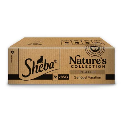 Sheba Nature's Collection in jelly, poultry variety, 72 x 85g. With chicken, duck and poultry. Recycled cardboard with sustainability logo.