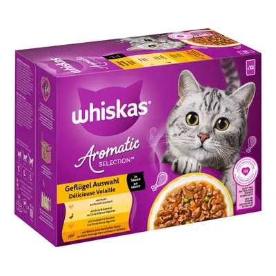Whiskas Aromatic Selection, Geflügel Auswahl. Förpackning med bild på grå katt och skål med våtfoder i sås. Innehåller 12 portionspåsar med olika smaker av fågel.