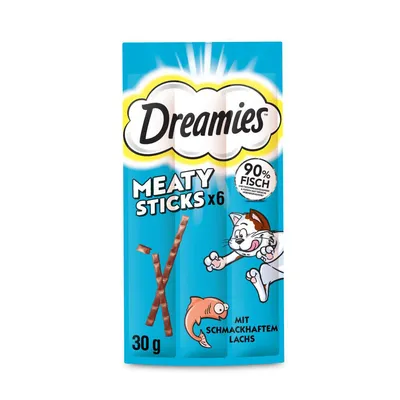 Dreamies Meaty Sticks x6, 90% риба, с вкусна сьомга, 30g. Опаковката показва анимационна котка и рибна графика.