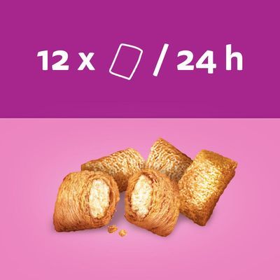 Voedingsadvies: 12 stuks per 24 uur. Afbeelding van vier gevulde krokante snacks met vulling zichtbaar.