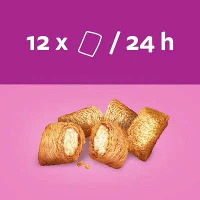 Voedingsadvies: 12 stuks per 24 uur. Afbeelding van vier gevulde krokante snacks met vulling zichtbaar.
