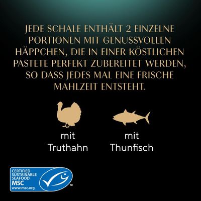 Fiecare caserolă conține 2 porții cu curcan sau ton în pastă delicioasă. Fructe de mare certificate MSC sustenabile.