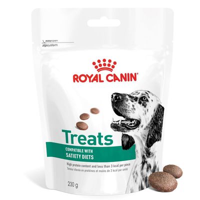 Boîte Royal Canin Veterinary Satiety Weight Management, pâtée pour chien, texte visible : SATIETY WEIGHT MANAGEMENT, illustration de chien, mention LOAF, étiquette vétérinaire.