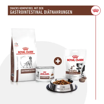 Royal Canin Gastrointestinal : sac de croquettes, boîte, friandises et gamelle. Texte en haut : Snacks kompatibel mit den gastrointestinal Diätnahrungen (en allemand).