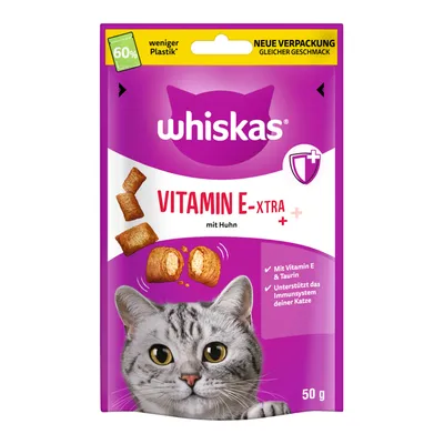 Whiskas Vitamin E-Xtra mit Huhn, 50g. Neue Verpackung mit 60% weniger Plastik. Mit Vitamin E & Taurin, unterstützt das Immunsystem deiner Katze.