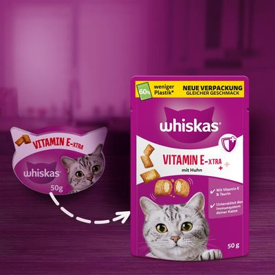 Whiskas Vitamin E-Xtra s kuřetem, nové balení s o 60 % méně plastu, podporuje imunitní systém kočky, obsahuje vitamin E a taurin, 50 g.