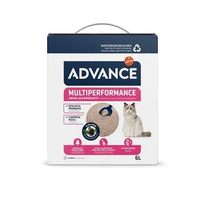 ADVANCE MULTIPERFORMANCE kattenbakvulling, 6L. Tekst: Eficacia probada, Limpieza fácil. Afbeelding van kat en korrels. Nieuw recyclebaar verpakkingsicoon zichtbaar.