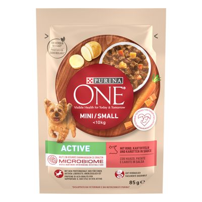 Purina ONE Mini/Small <10kg Active, mit Rind, Kartoffeln und Karotten in Sauce. Unterstützt gesundes Darmmikrobiom. Verpackung 85g, leicht verdaulich, recycelbar.
