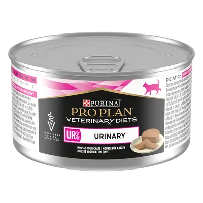 Purina Pro Plan Veterinary Diets UR Urinary mousse for cats, special food to support urinary tract health. Tin with product image and pink design.