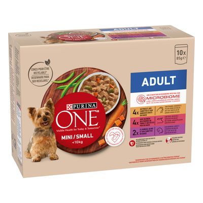 Purina ONE Mini/Small <10kg Adult, 10x85g. Mit Mikrobiom-Formel, Huhn mit Karotten in Sauce, Analyse: Protein 12%, Fett 3%. Entwickelt für Tierärzte und Ernährungswissenschaftler.