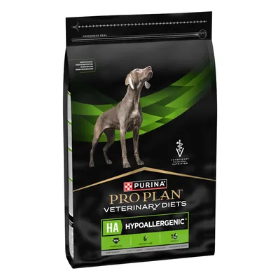 Bag labelled Purina Pro Plan Veterinary Diets HA Hypoallergenic, with icons for hydrolysed, puppy and adult, and veterinary clinical nutrition visible.