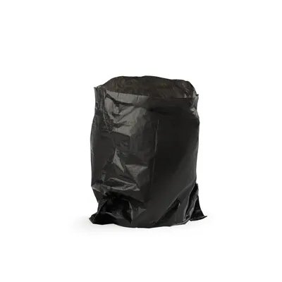 Black plastic rubbish bag, open and empty.