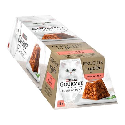 Gourmet Revelations Fine Cuts in gelée with salmon, 4-pack. Product packaging shows food pieces in jelly and essential product details.