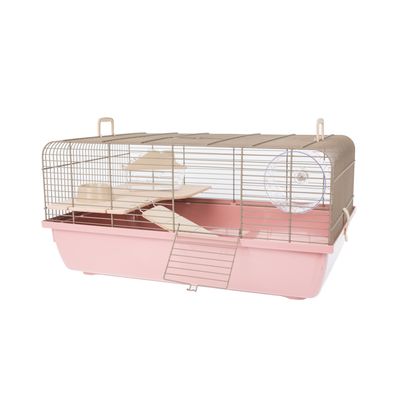 Hamster cage with pink base tray, metal grid, ramps, platforms and exercise wheel. Suitable for small rodents.