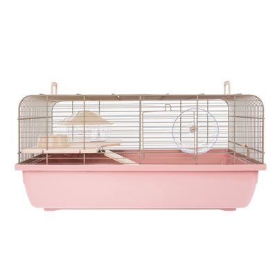 Small animal cage with pink plastic tray, metal grid, wooden ramp and integrated exercise wheel. Suitable for small animals such as hamsters or mice.